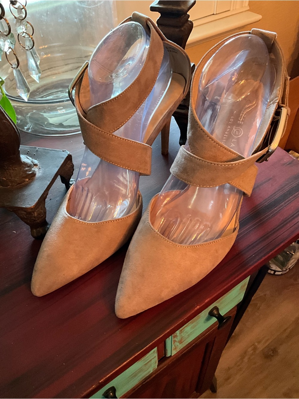 Pointed Toe Ankle Strap Suede Pumps in Taupe - Picture 2 of 9